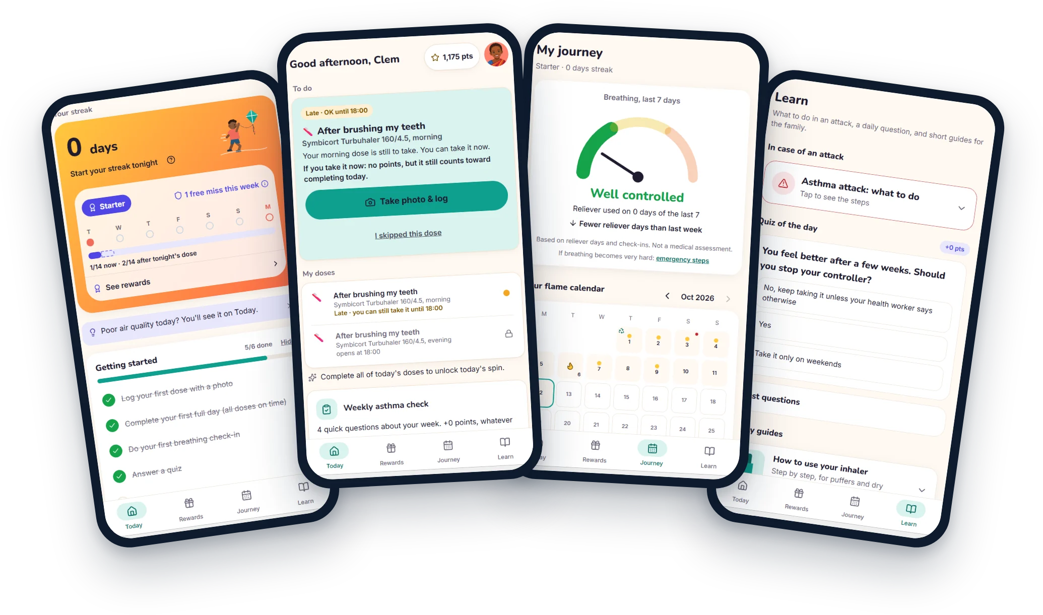 Play4Health patient app: streak, today's doses, breathing journey and family guides